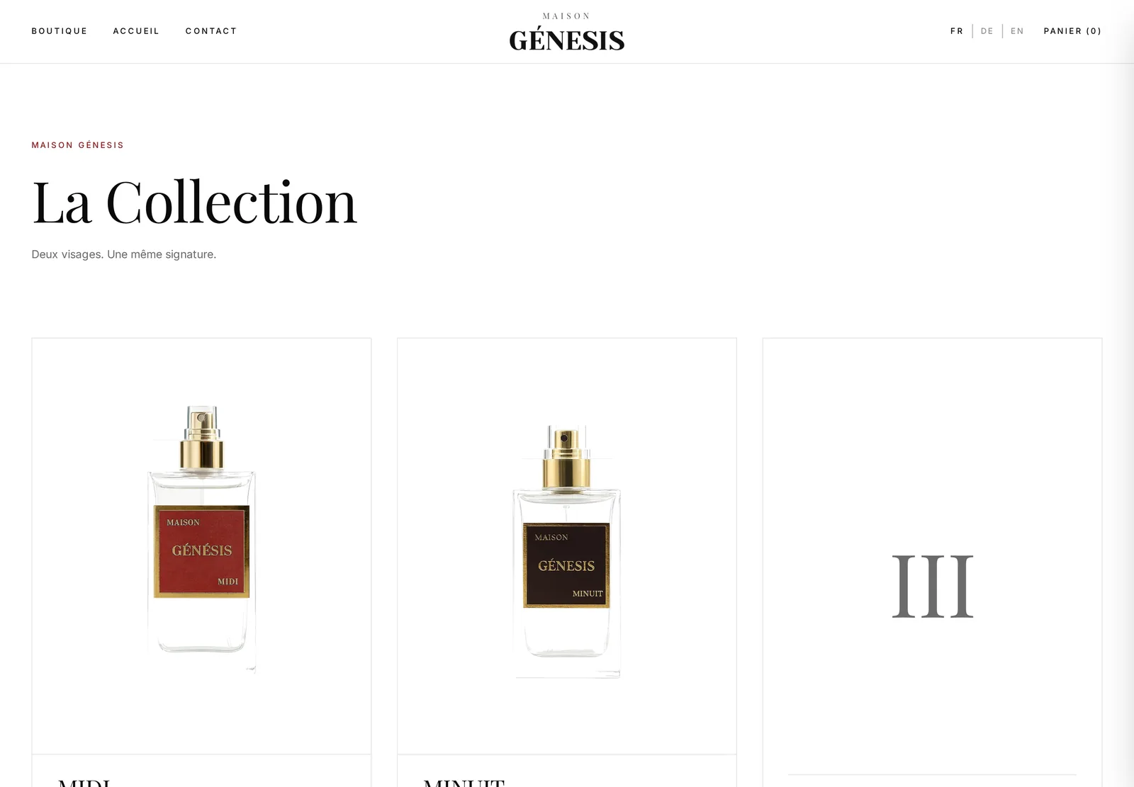 Nouvelle boutique de Maison Génesis intitulée La Collection, avec les flacons présentés comme une série éditoriale.