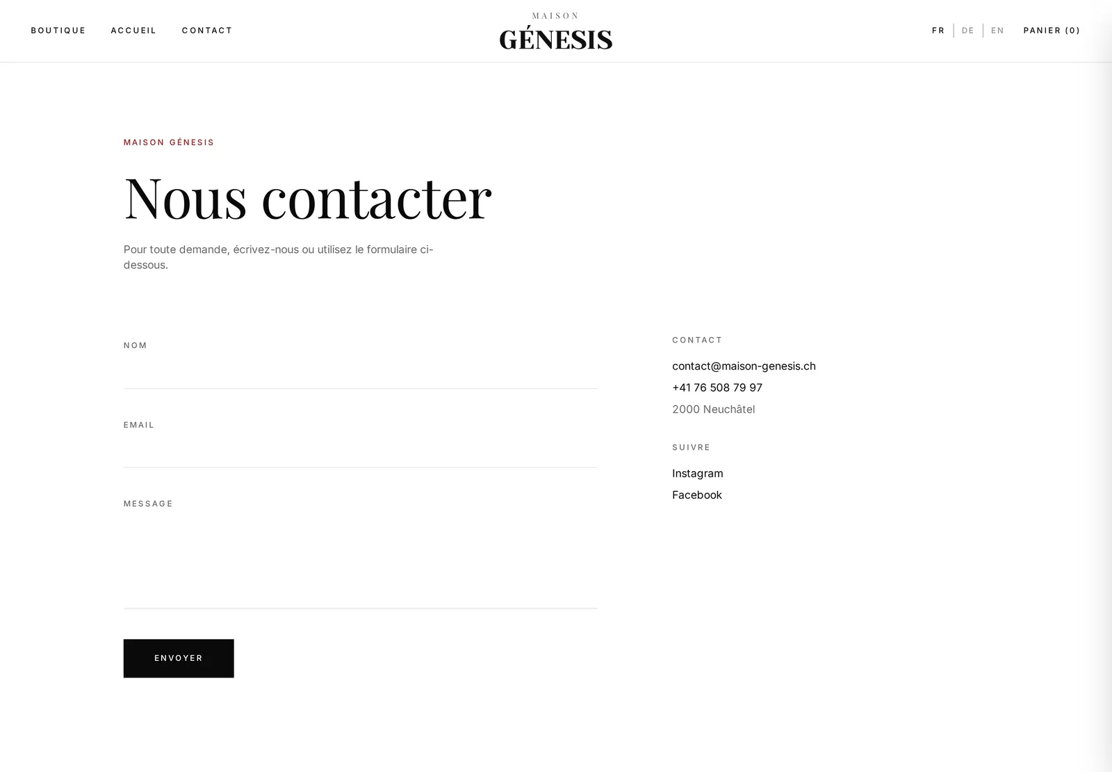 Nouvelle page de contact de Maison Génesis, typographie éditoriale et coordonnées hiérarchisées.