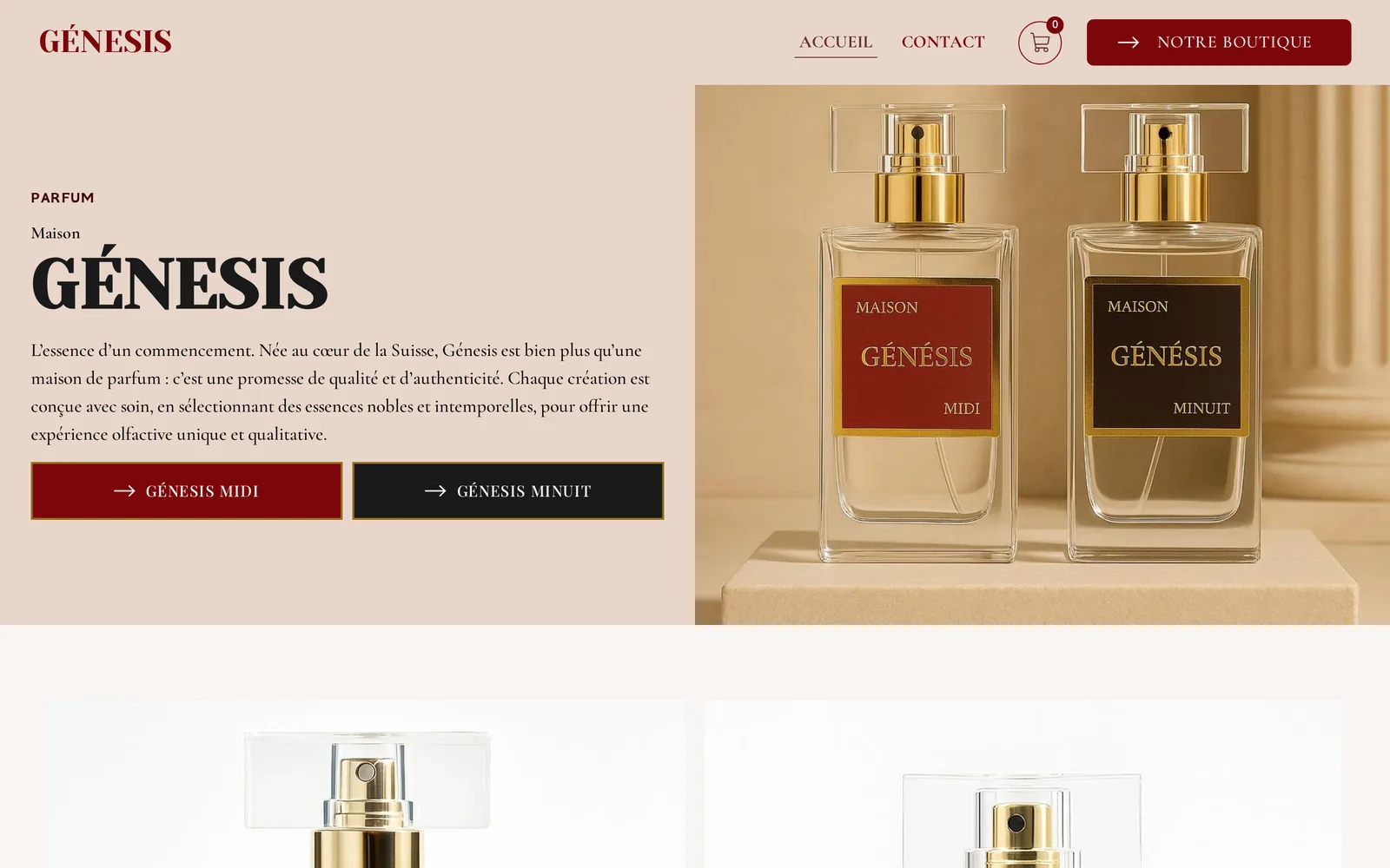Ancienne page d'accueil de Maison Génesis : bandeau beige, titre et deux boutons vers les parfums Midi et Minuit.