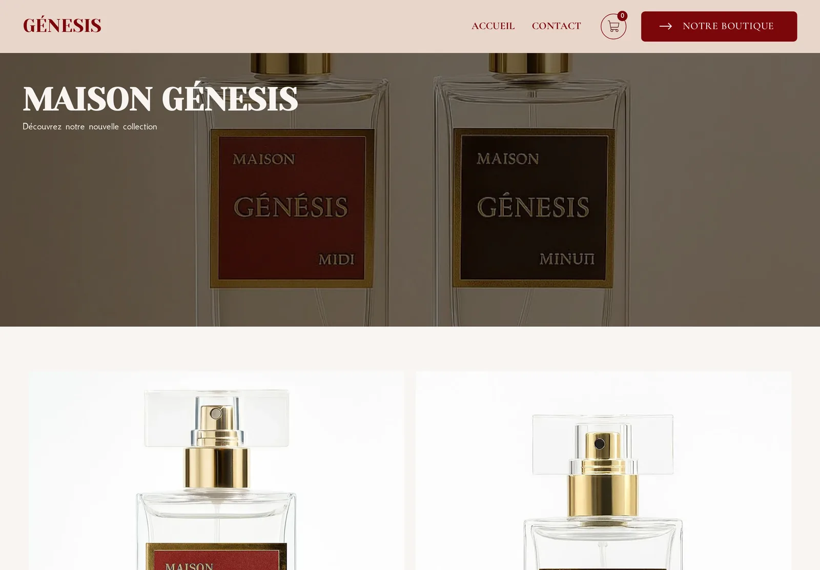 Ancienne boutique de Maison Génesis : liste de produits avec prix et boutons d'achat.