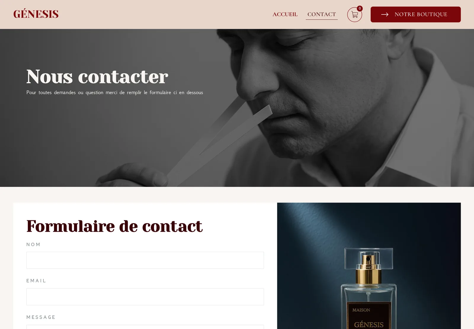Ancienne page de contact de Maison Génesis avec un formulaire simple.