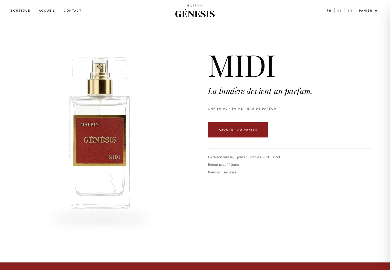 Page du parfum MIDI : flacon à l'étiquette rouge, titre MIDI et informations d'achat.