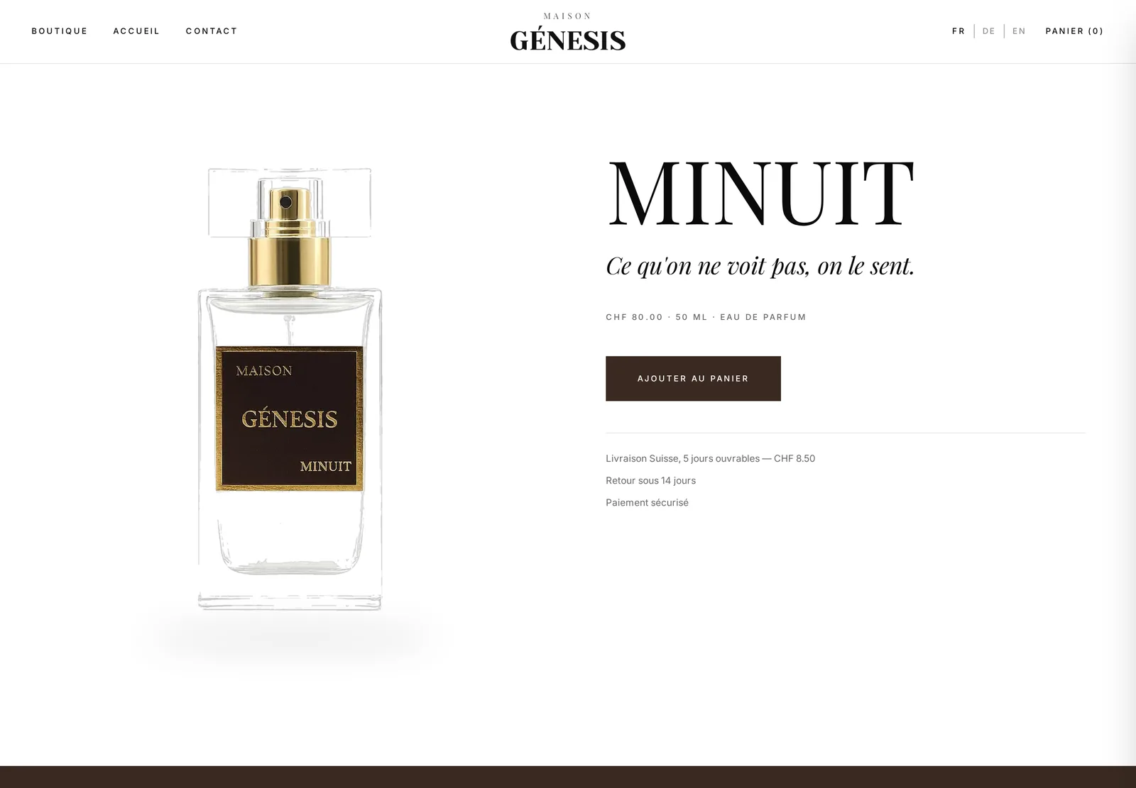 Page du parfum MINUIT : flacon à l'étiquette brun profond, titre MINUIT et informations d'achat.