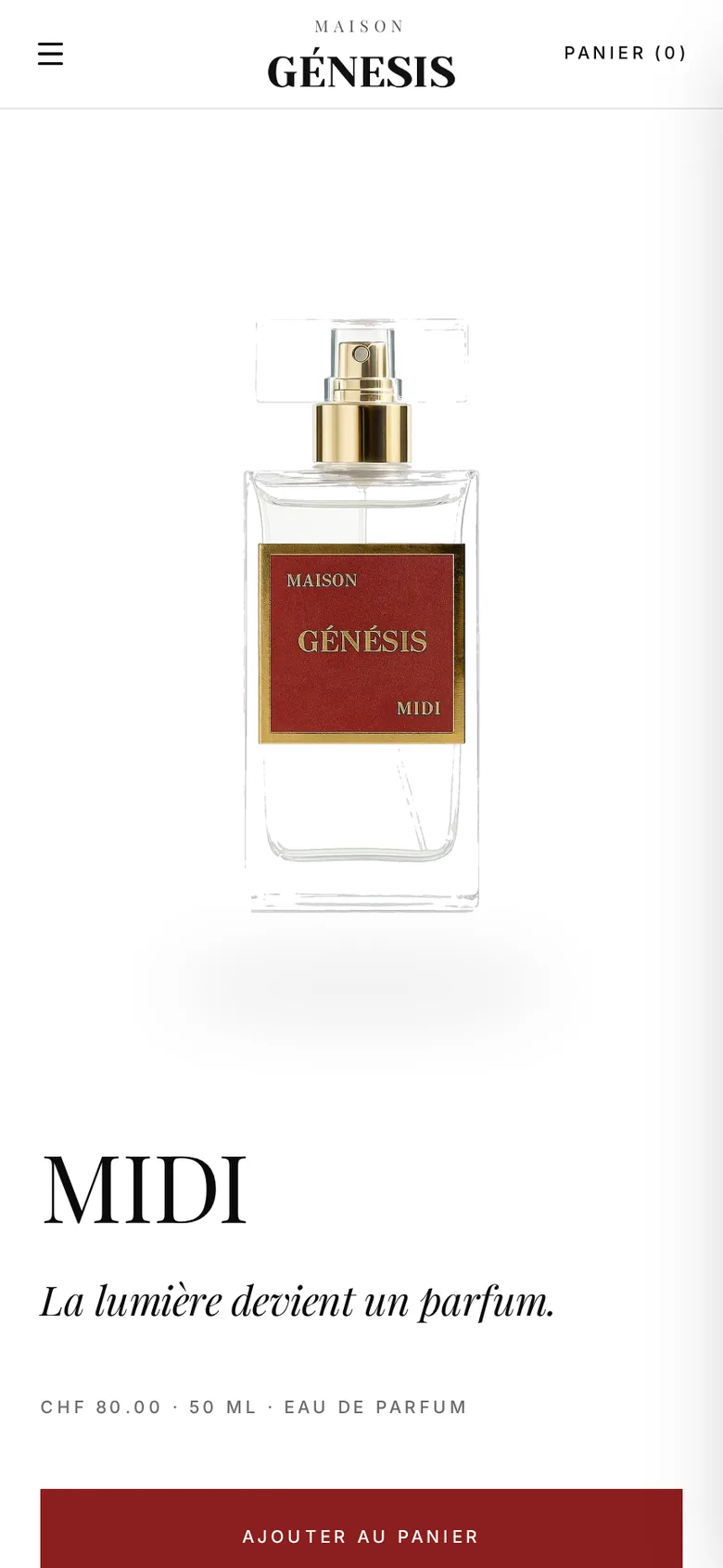 Version mobile de la page du parfum MIDI avec bouton d'ajout au panier accessible.