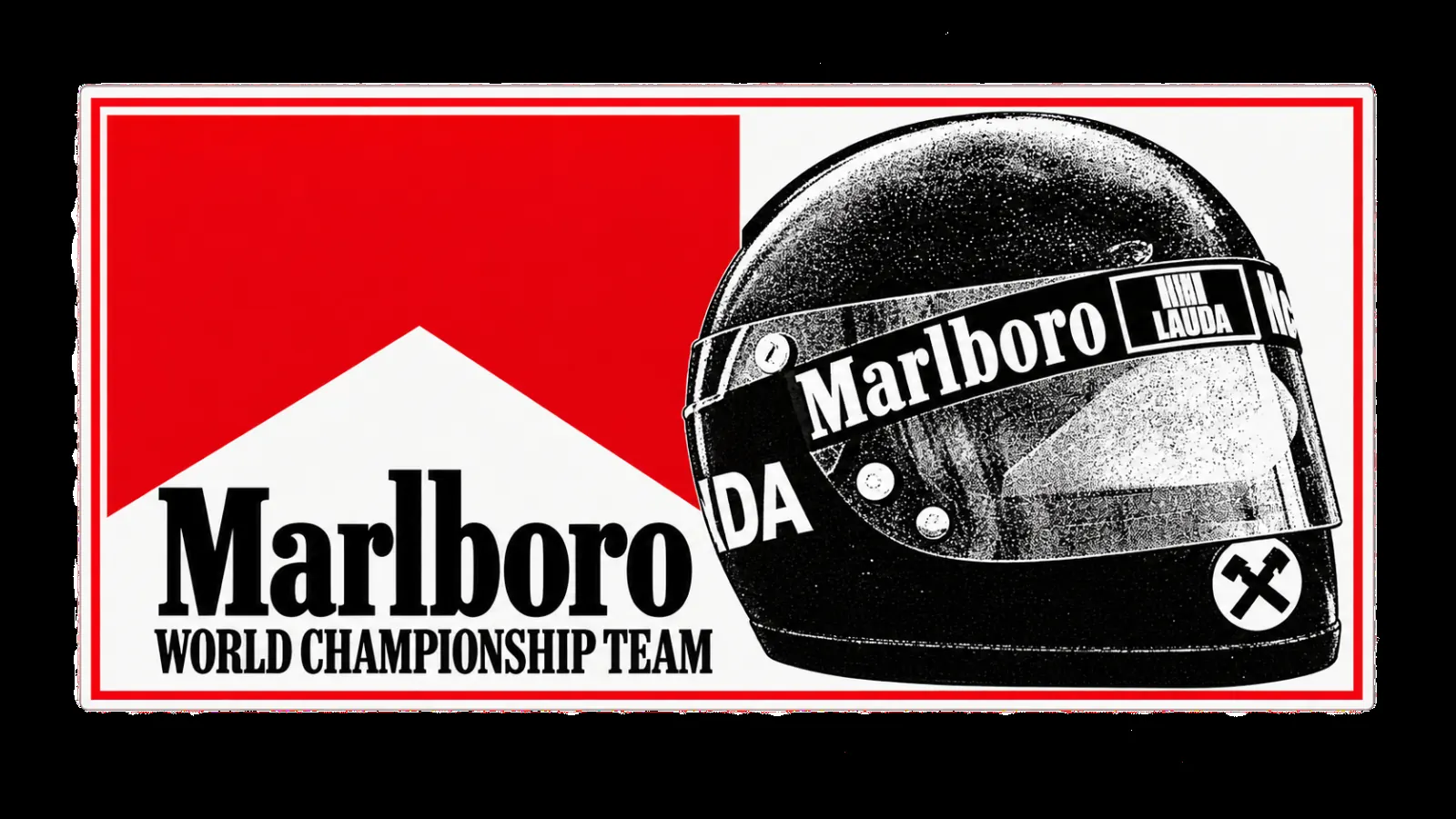 Logo rouge et blanc "Marlboro" avec casque de course en noir et blanc.