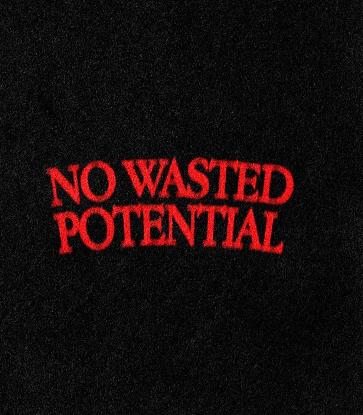 Texte rouge brodé "NO WASTED POTENTIAL" sur un fond noir texturé.