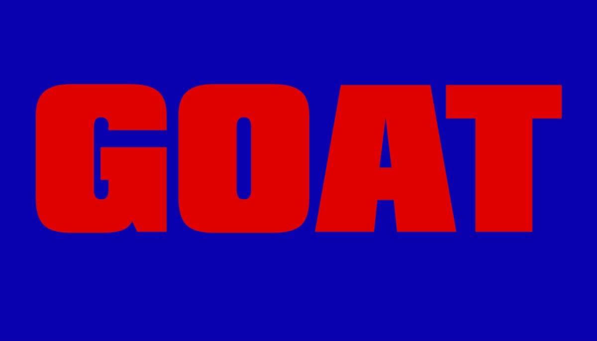 Mot 'GOAT' en lettres majuscules rouges sur un fond bleu uni.