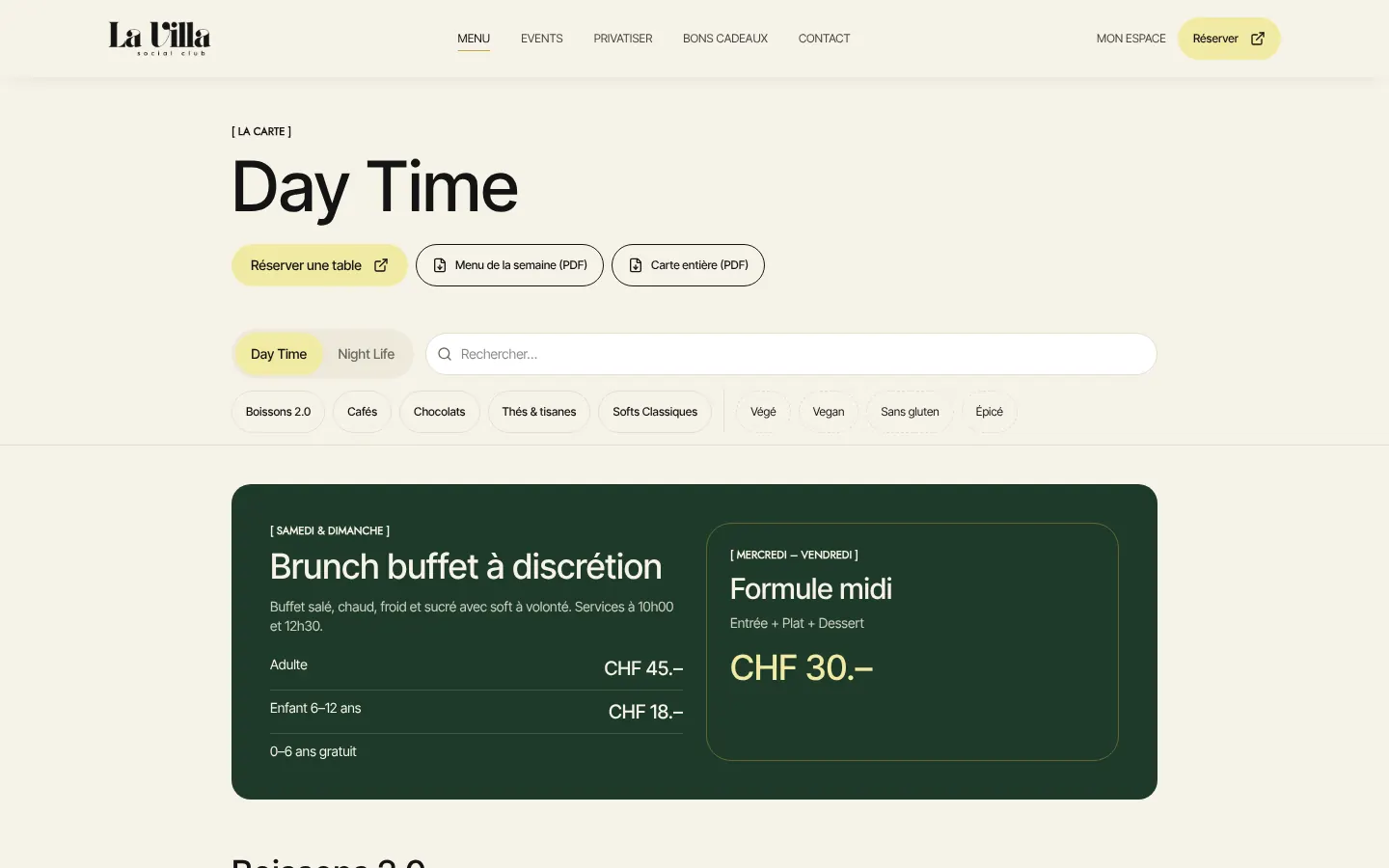 Menu — brunch, matcha bar, cocktails